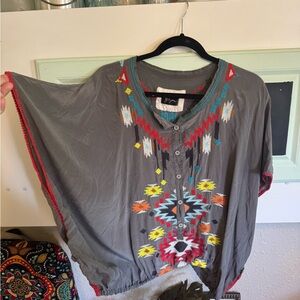 Johnny Was BIYA  Gray Top with Colorful Embroidery